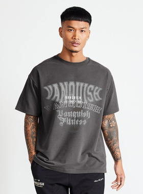 炭灰色短袖t恤男生潮牌美式复古高街字母印花宽松运动休闲半袖夏