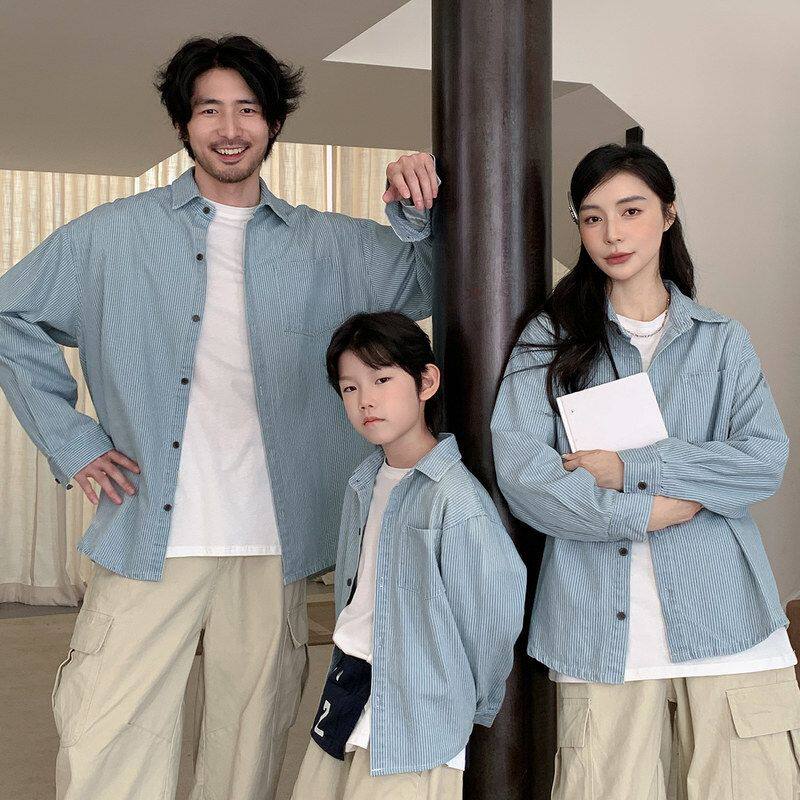 亲子衬衫一家三口春秋新款宽松韩版长袖衬衣母子母女家庭装外套潮