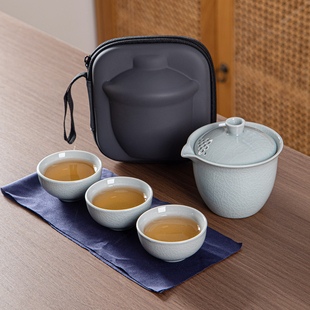 一壶三杯便携户外车载快客杯哥窑茶壶盖碗 手抓壶汝窑茶具旅行套装