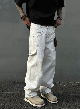 UNAps赛络竹节纹理明线460克休闲裤男女纯棉宽松白色工装直筒裤子