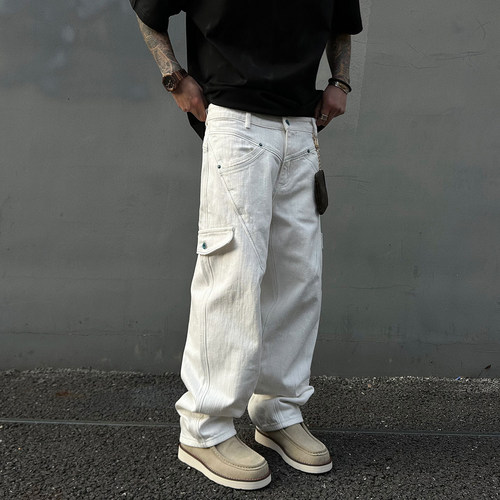 赛络竹节纹理明线460克白休闲裤