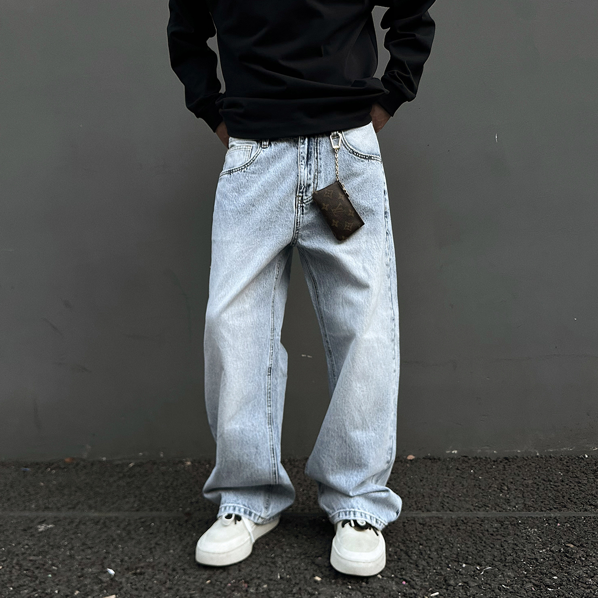 雪花纹理美式冰蓝501直筒牛仔裤