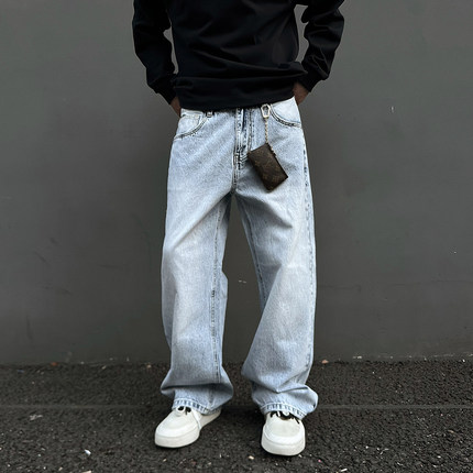 UNAps雪花纹理美式复古冰蓝501直筒cleanfit牛仔裤男女宽松长裤子