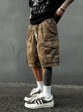 UNAps夏季蜡染复古工装迷彩短裤男女美式重磅宽松松紧腰五分裤子