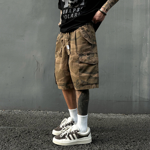 UNAps夏季蜡染复古工装迷彩短裤男女美式重磅宽松松紧腰五分裤子