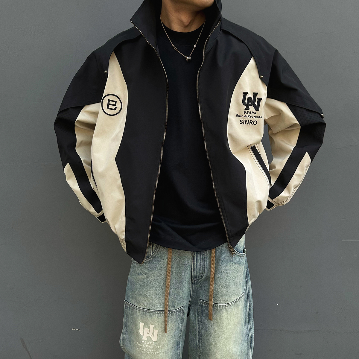 巳蛇刺绣拼色双拉链短款夹克男女