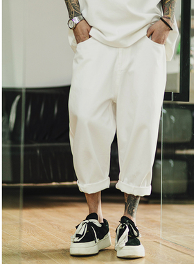 UNAps【OG】夏季日系白色阔腿工装裤男潮街头直筒休闲牛仔七分裤