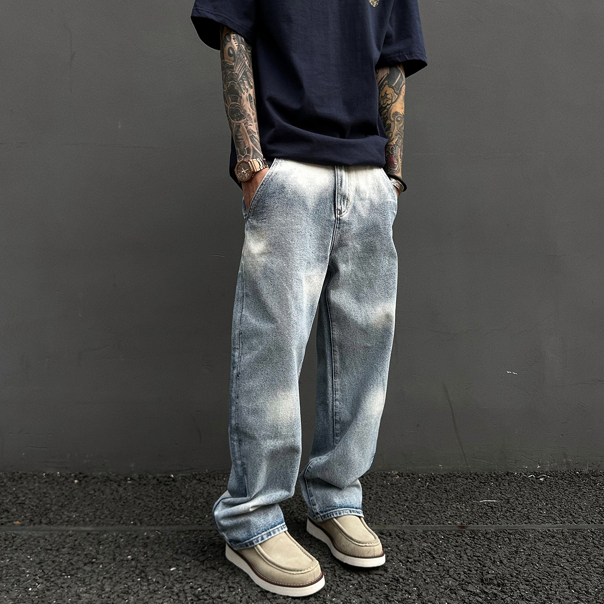 马骝复古做旧冰蓝松紧休闲牛仔裤
