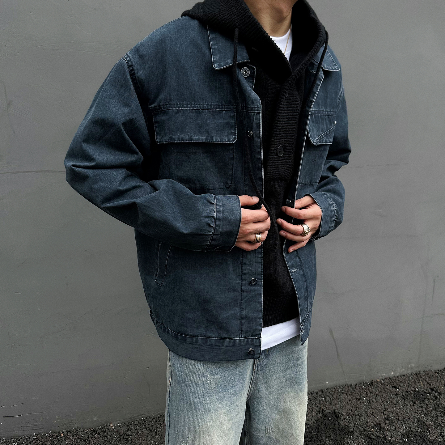 vintage法工蓝做旧法式工装夹克