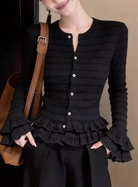 大码女装春季新款木耳边喇叭袖针织衫女通勤风设计感百搭洋气上衣