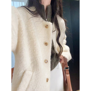 羊毛马海毛圈圈毛呢大衣气质韩系廓形宽松圆领中长款外套女秋冬新