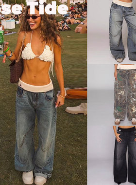 Rose tide买手店正品Revice denim牛仔裤螺纹腰头拼接刺绣阔腿裤