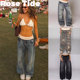 tide买手店正品 Revice denim牛仔裤 Rose 螺纹腰头拼接刺绣阔腿裤