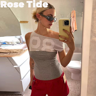 Rose Tide买手店正品Paloma wool上衣拼色网面拼接斜肩背心T恤