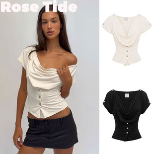 Rose Tide买手店正品With jean上衣一字肩荡领不规则收腰短袖T恤