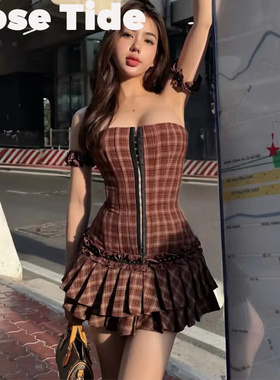 Rose Tide买手店折扣Lsoul连衣裙复古格纹一字肩花边抹胸百褶短裙