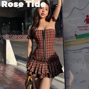 Rose Tide买手店折扣Lsoul连衣裙复古格纹一字肩花边抹胸百褶短裙