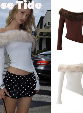 Rose Tide买手店现货正品Iamgia一字肩毛毛领露肩针织长袖上衣