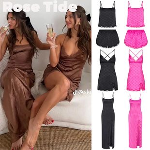 Rose Tide买手店正品现货Skims连衣裙蕾丝印花缎面开叉睡裙吊带裙