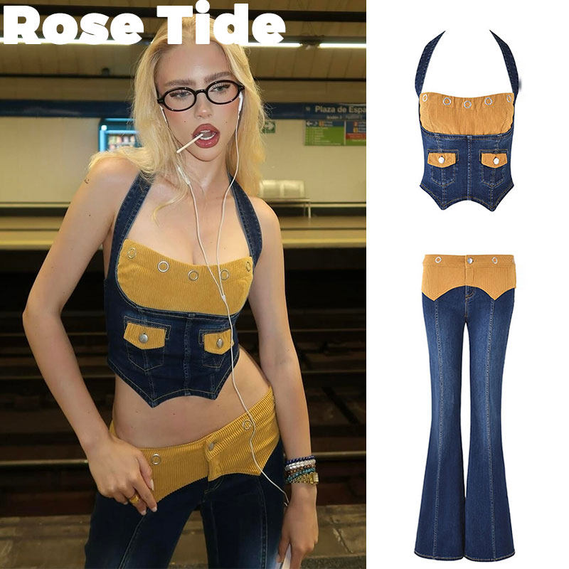 Rose Tide买手店现货Iamgia拼接挂脖紧身吊带胸衣背心上衣牛仔裤