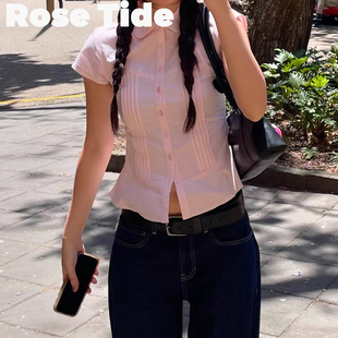 Tide买手店正品 翻领短袖 Motel 粉色褶皱修身 上衣 Rocks衬衫 Rose