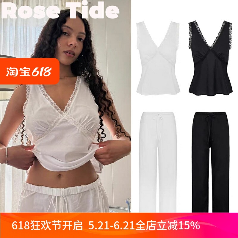 Rose Tide买手店现货正品Coucou背心蕾丝花边V领无袖上衣直筒长裤