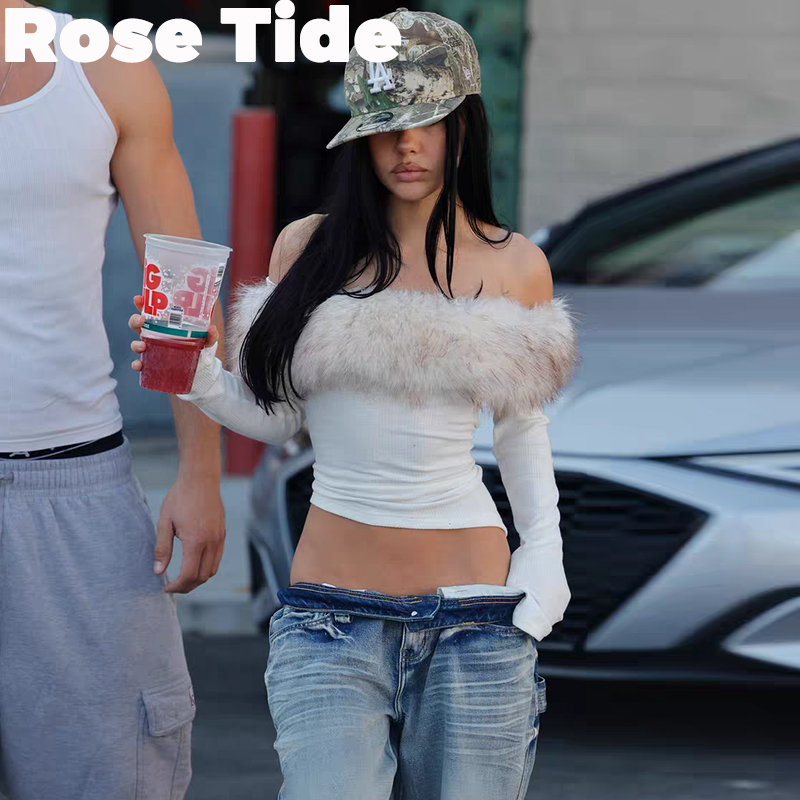 正品折扣Iamgia毛毛领一字肩上衣