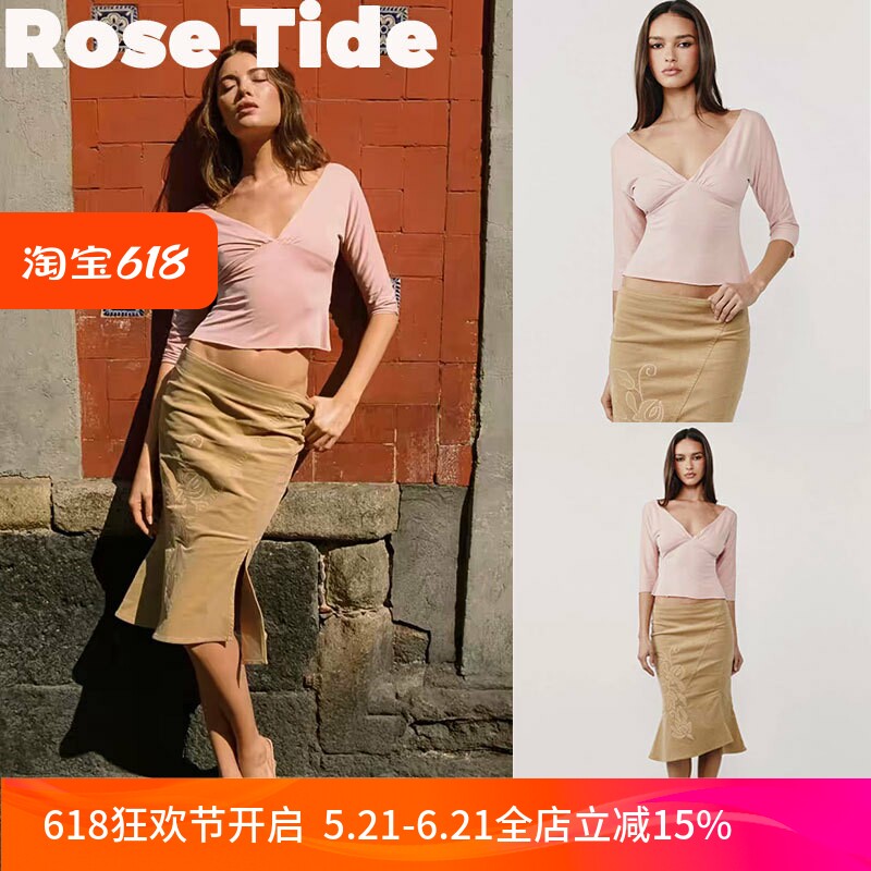 Rose Tide买手店现货With jean上衣Lana Top深V领长袖鱼尾半身裙