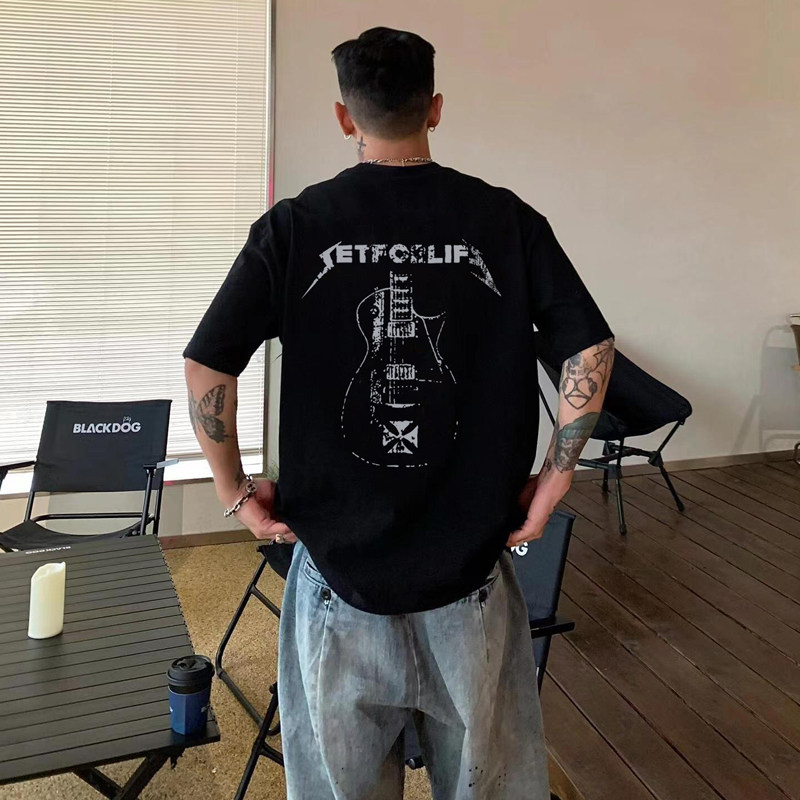 美式高街潮牌重磅纯棉短袖t恤男夏季设计感吉他印花黑色半袖上衣