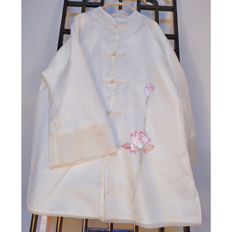 真丝重工刺绣苏绣旗袍中长款马褂上衣圆领古法平裁格格服原创新款