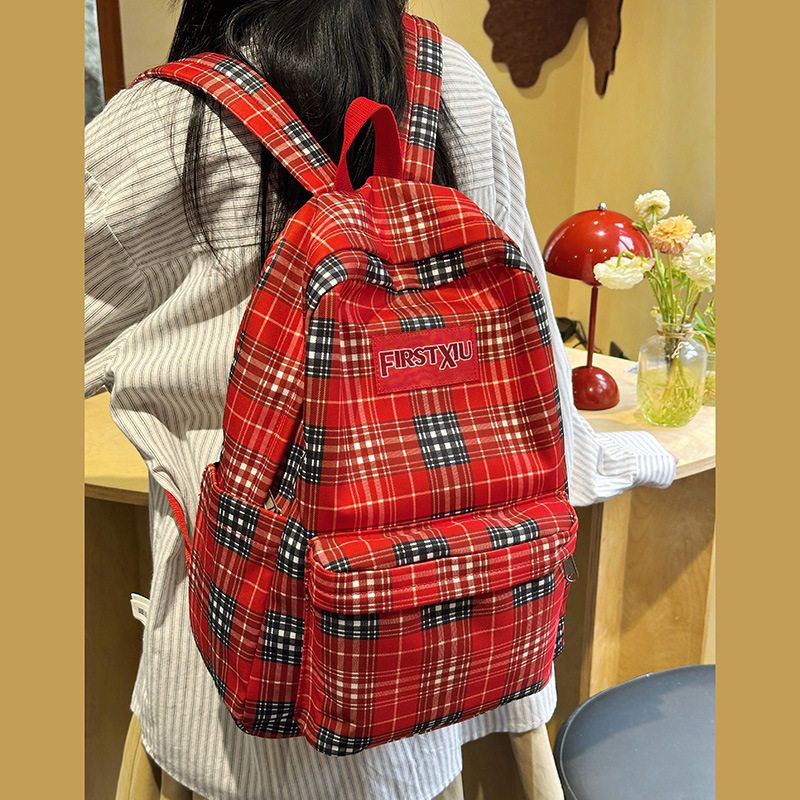 复古格纹大容量双肩背包