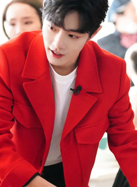 韩版毛呢大衣男短款红色肖战明星同款羊绒外套修身秋冬季休闲夹克