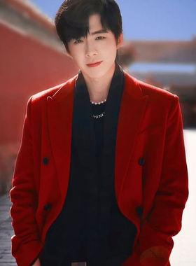 仿羊绒大衣男中长款秋冬季加厚修身刘宇宁同款大红色毛呢外套风衣