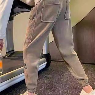 痞帅束脚纯色休闲裤 秋冬季 潮牌运动裤 加绒加厚灯芯绒卫裤 子男 男士
