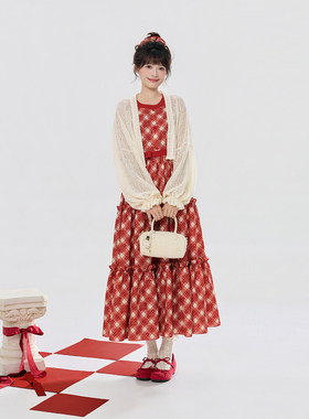 织造司[红茶方糖]国风对襟开衫上衣外套格纹夏日甜美绝美连衣裙女