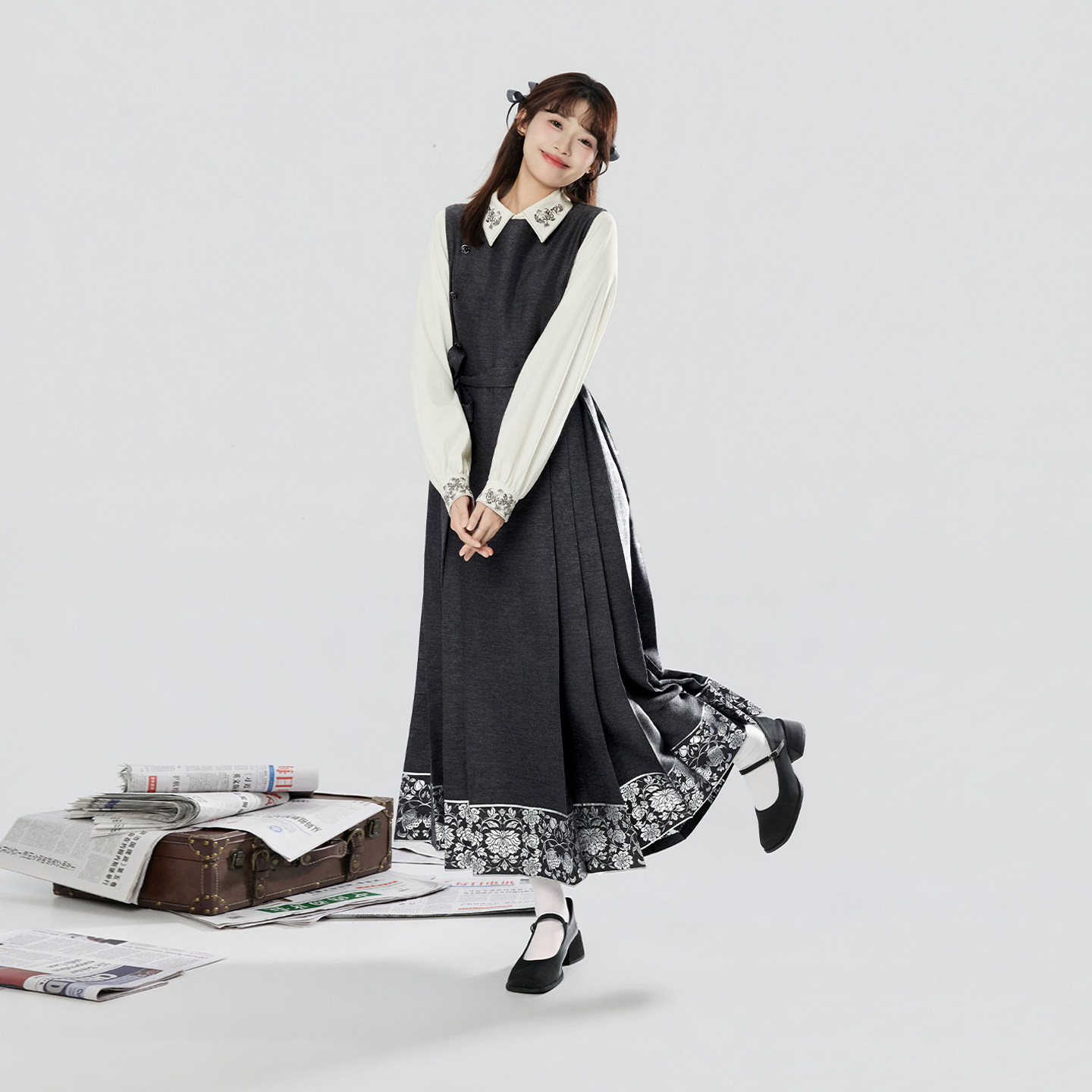 织造司[书砚]无袖连衣马面裙改良明制汉服中式刺绣翻领衬衫上衣女