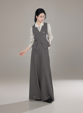 织造司[揽风叙]新中式职业套装女翻领条纹衬衫马甲阔腿裤改良汉服