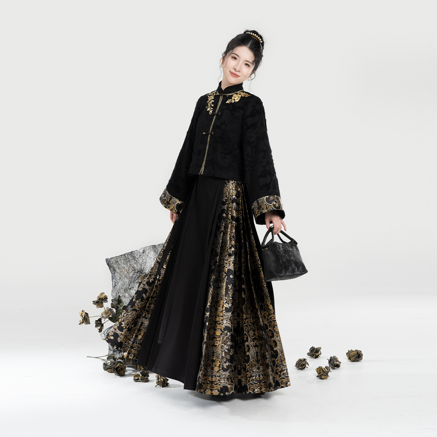 织造司[金盏牡丹]优雅黑金系明制汉服立领对襟短衫妆花织金马面裙