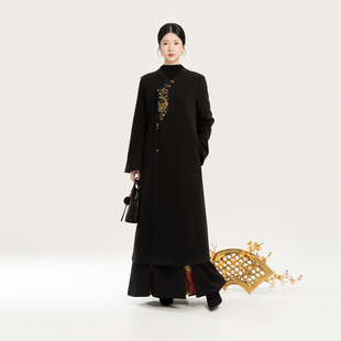 织造司[颂禧]新中式过年红色战袍国风v领毛呢大衣外套女2025新款