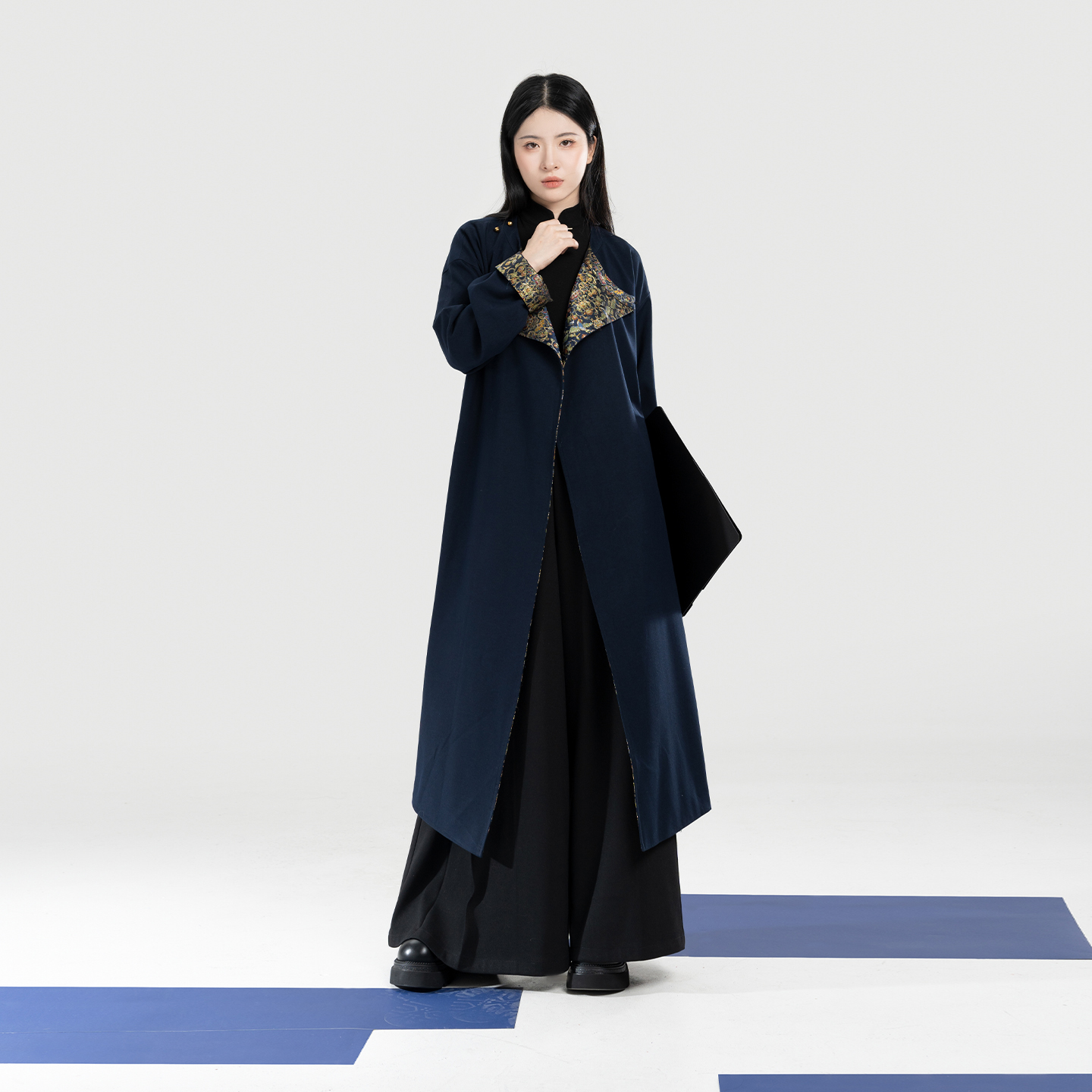 织造司[曜青]缠枝花鸟纹妆花织金改良圆领袍大衣宽松阔腿裤长裤女