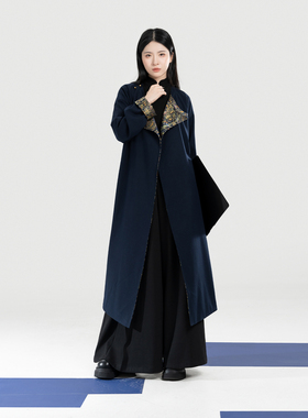 织造司[曜青]缠枝花鸟纹织金改良汉服圆领袍大衣宽松阔腿裤长裤女