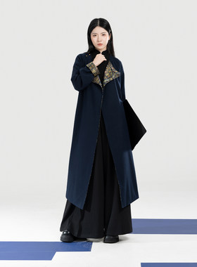 织造司[曜青]缠枝花鸟纹织金改良汉服圆领袍大衣宽松阔腿裤长裤女