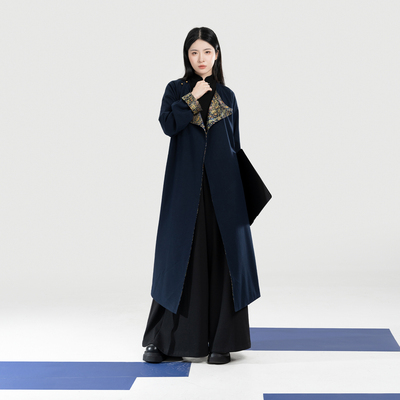 织造司[曜青]缠枝花鸟纹妆花织金改良圆领袍大衣宽松阔腿裤长裤女