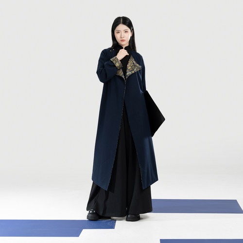 织造司[曜青]缠枝花鸟纹妆花织金改良圆领袍大衣宽松阔腿裤长裤女