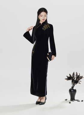 织造司[晚来香]新中式弹力修身丝绒刺绣长袖旗袍礼服冬装连衣裙女