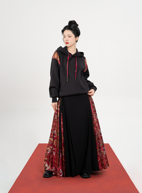 织造司[如芒在鹿]过年穿搭新中式国风红色妆花连帽卫衣女配马面裙