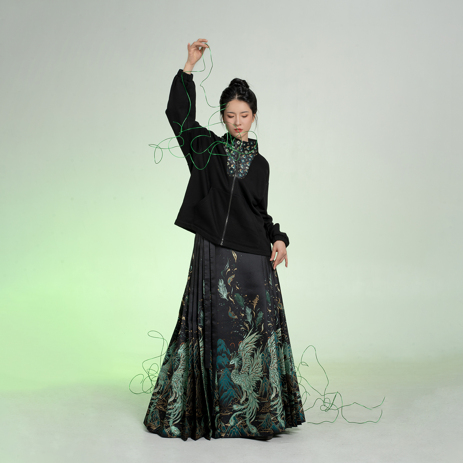 织造司[青途砚]新中式立领黑色拉链卫衣外套女国风汉元素妆花上衣