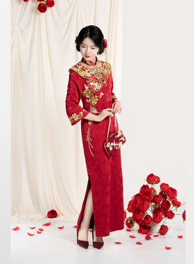 织造司[佳偶之喜]云肩立领盘扣红色旗袍新中式婚服新娘服订婚礼服