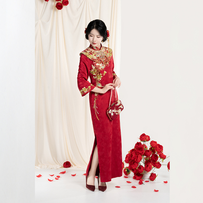 织造司[佳偶之喜]云肩立领盘扣红色旗袍新中式婚服新娘服订婚礼服