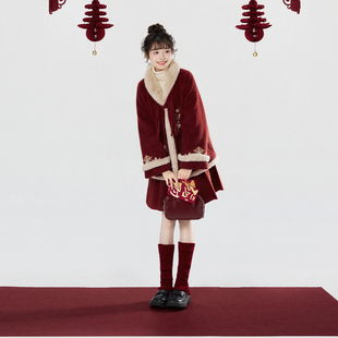 织造司×敦煌当代美术馆联名[福鹿鸣春]红色毛呢外套百褶裙短裙女